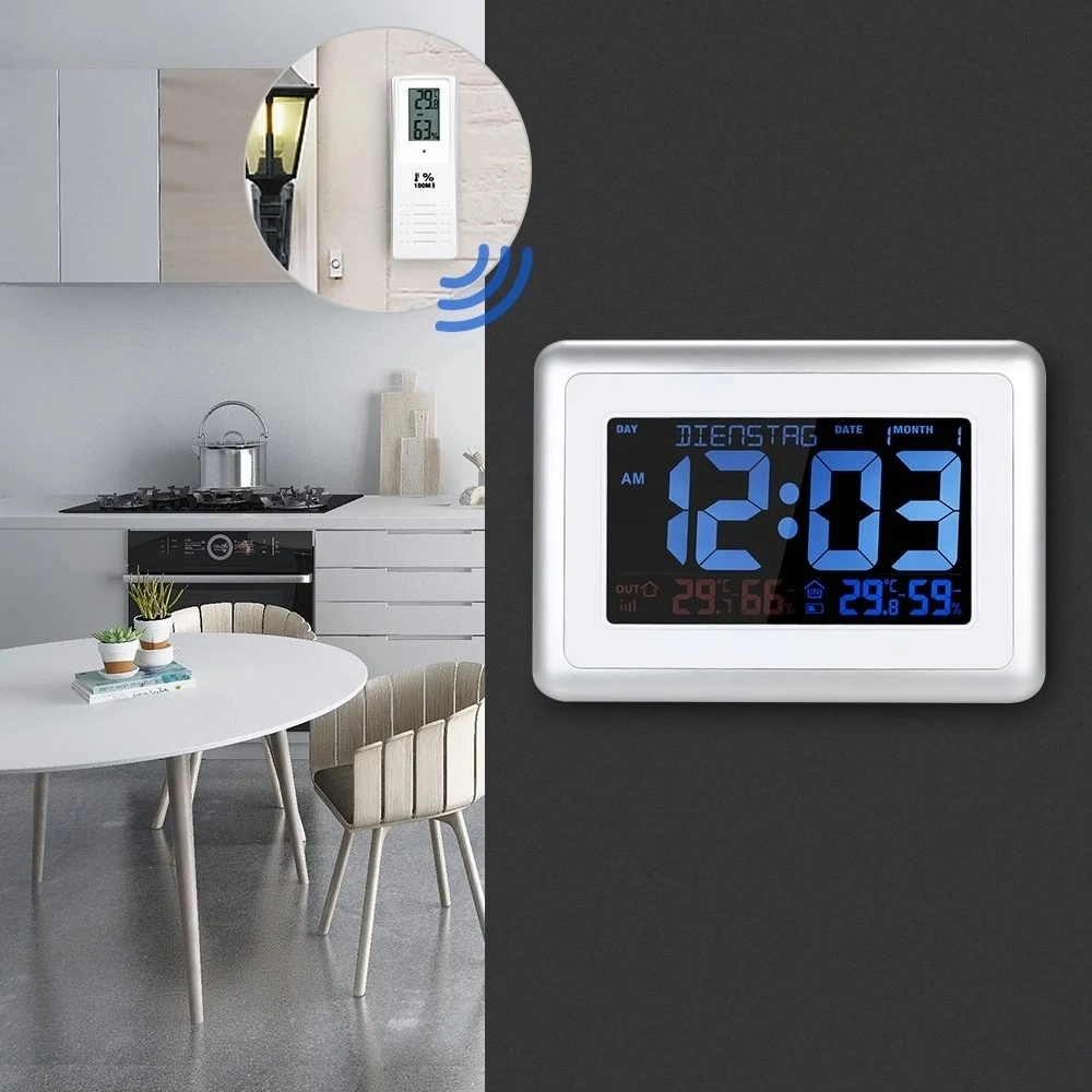 Atomic Clock with Outdoor and Indoor Temperature Humidity- Self-Setting Alarm Day Digital Clock Large display