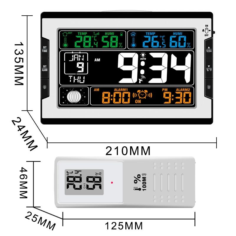 Radio Controlled Wireless Weather Station Table Alarm Clock with Indoor Outdoor Temperature Humidity Moon Phase for Bedroom